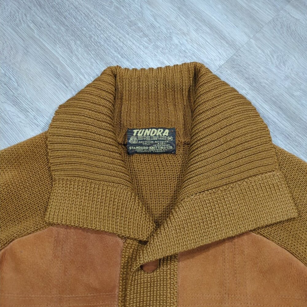 Vintage Tundra Cardigan Sweater Men's Medium Brown Knit Suede Elbow Patches 80s - Picture 4 of 16
